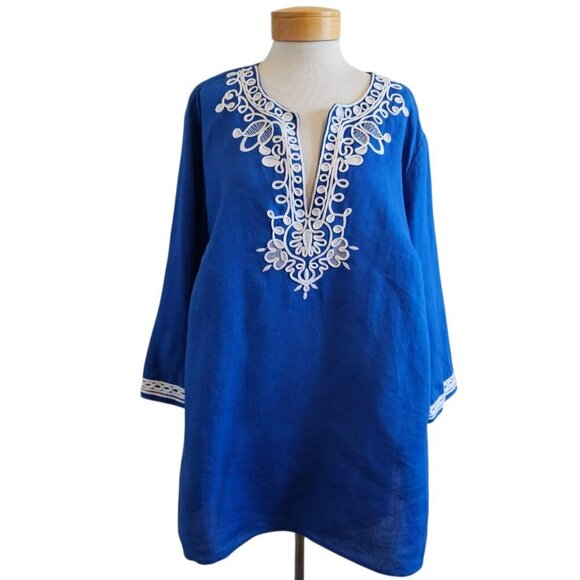 Jones New York Embroidered Cobalt Blue 100% Linen Popover Tunic Top Boho 3X - Picture 1 of 12